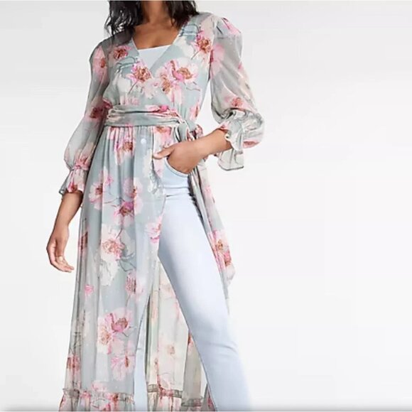 Express Women Light Chiffon Floral Girly Bloomcore Boho Maxi Wrap Cover Up Small - Picture 14 of 14
